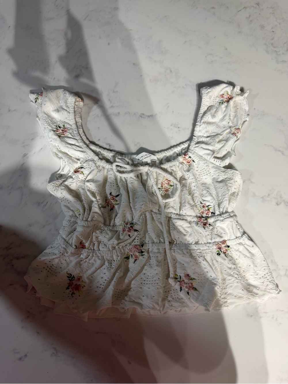 White Eyelet Floral Tie-Front Crop Top